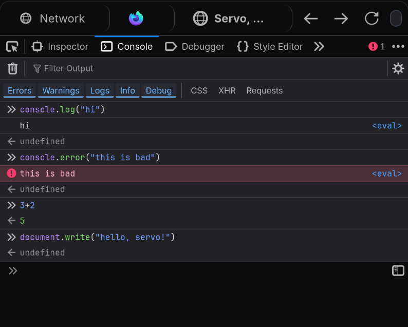 The JavaScript developer console now displays page logs. It can also run commands.